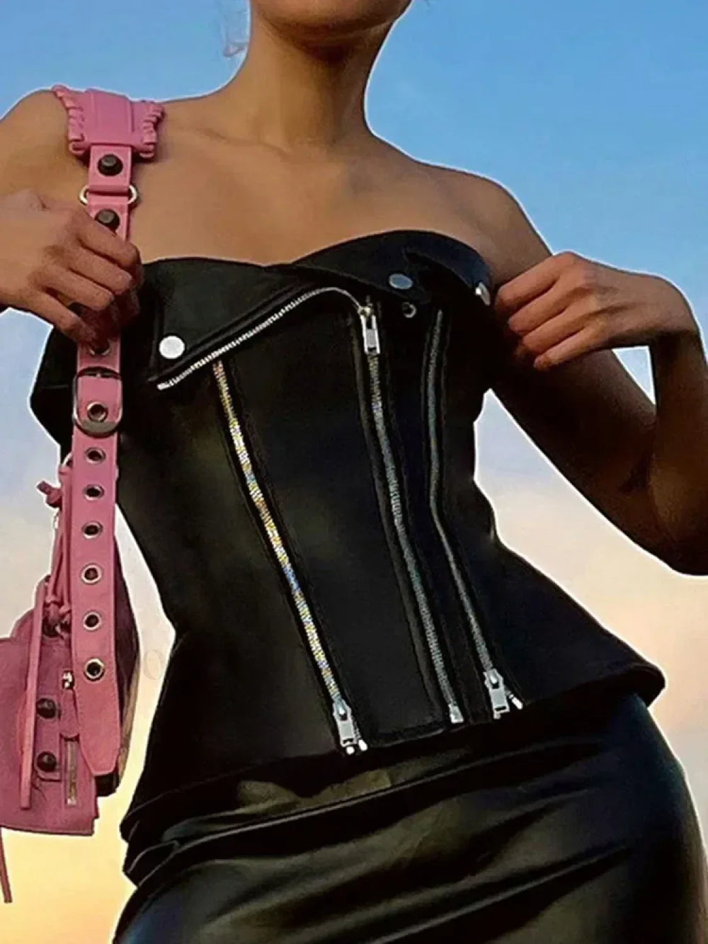 Punk Zipper PU Fashion Leather Crop Goth Black Top Black / S