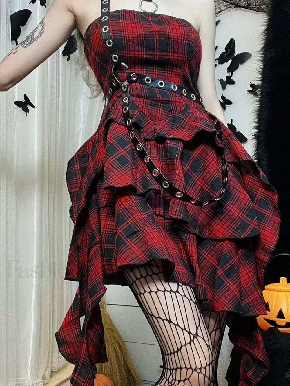 Red Plaid One Shoulder Irregular Backless Sexy Vintage Lolita Academy Dress