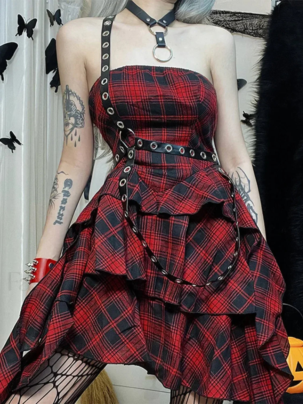 Red Plaid One Shoulder Irregular Backless Sexy Vintage Lolita Academy Dress