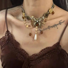 Retro Bling Butterfly Pendant Necklace GOLD