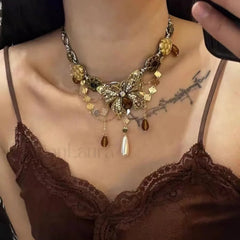 Retro Bling Butterfly Pendant Necklace GOLD