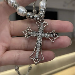Retro Pearl Punk Dark Gothic Cross Pendant Necklace SILVER