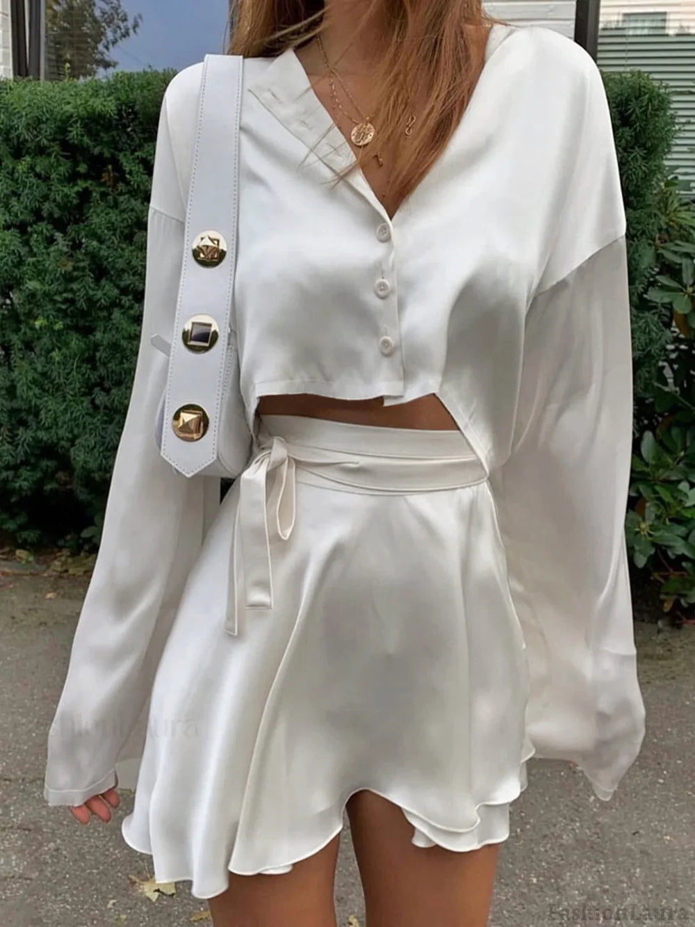 Satin Raw Hem Tied Two Piece Skirt Set Off White / XS Skirt Sets