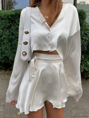Satin Raw Hem Tied Two Piece Skirt Set Off White / XS Skirt Sets