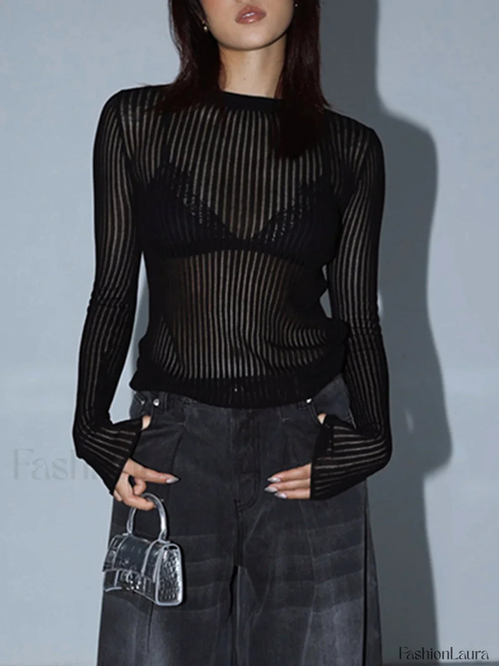 See Through Ribbed Mesh Top Black / XS Knit Tops