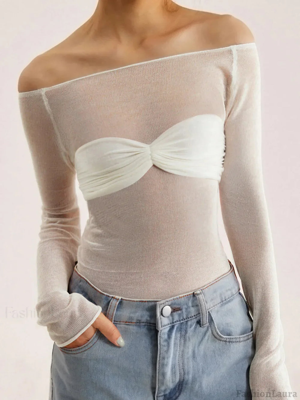 Semi Sheer Off Shoulder Mesh Long Sleeve Shirt Knit Tops