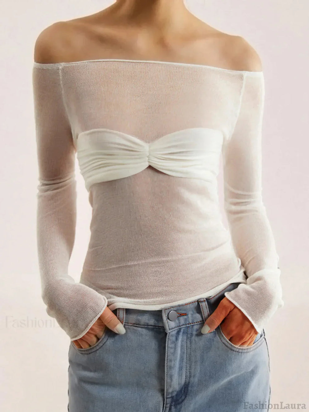 Semi Sheer Off Shoulder Mesh Long Sleeve Shirt Knit Tops
