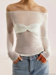 Semi Sheer Off Shoulder Mesh Long Sleeve Shirt Knit Tops