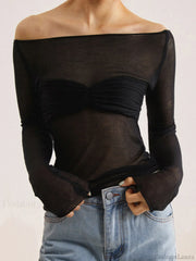 Semi Sheer Off Shoulder Mesh Long Sleeve Shirt Knit Tops