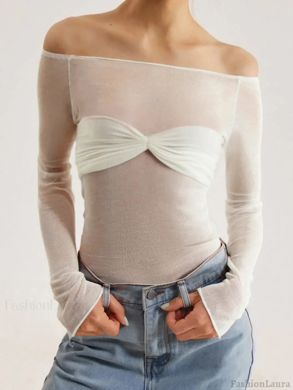 Semi Sheer Off Shoulder Mesh Long Sleeve Shirt White / XS Knit Tops