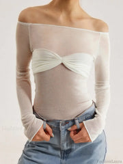 Semi Sheer Off Shoulder Mesh Long Sleeve Shirt White / XS Knit Tops