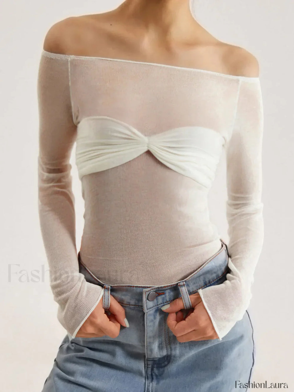 Semi Sheer Off Shoulder Mesh Long Sleeve Shirt White / XS Knit Tops