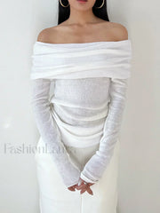 Semi Sheer Overfold Off Shoulder Shirt Off White / XS T Shirts