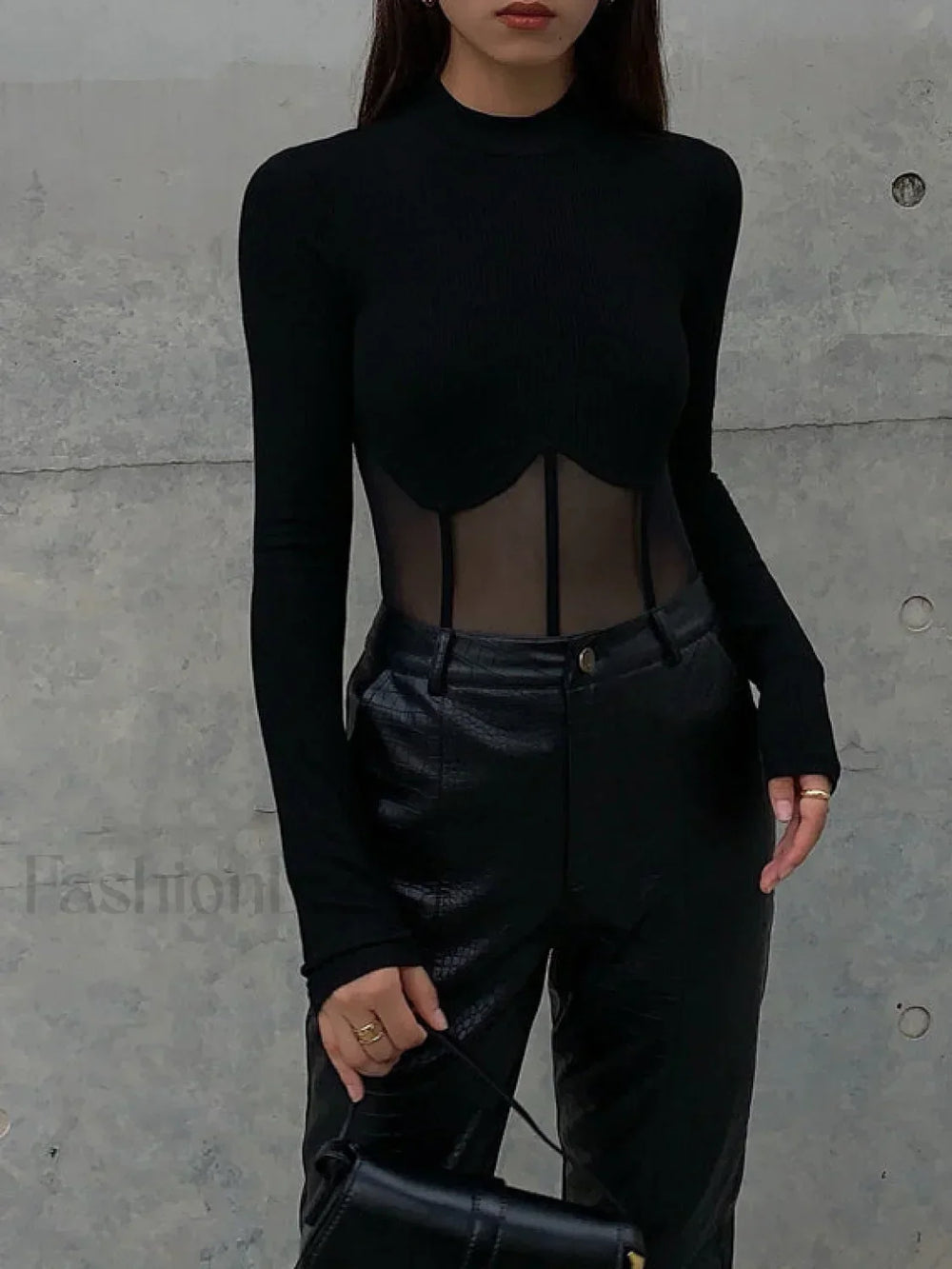 Sheer Mesh Combination Long Sleeve Top T Shirts
