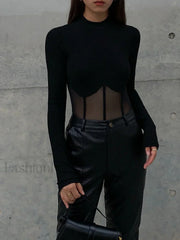 Sheer Mesh Combination Long Sleeve Top T Shirts