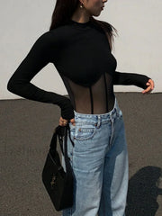 Sheer Mesh Combination Long Sleeve Top T Shirts