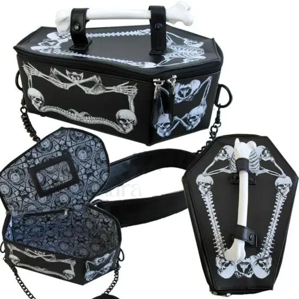 Skeleton Black PU Gothic Crossbody Coffin Leather Bat Bag WHITE