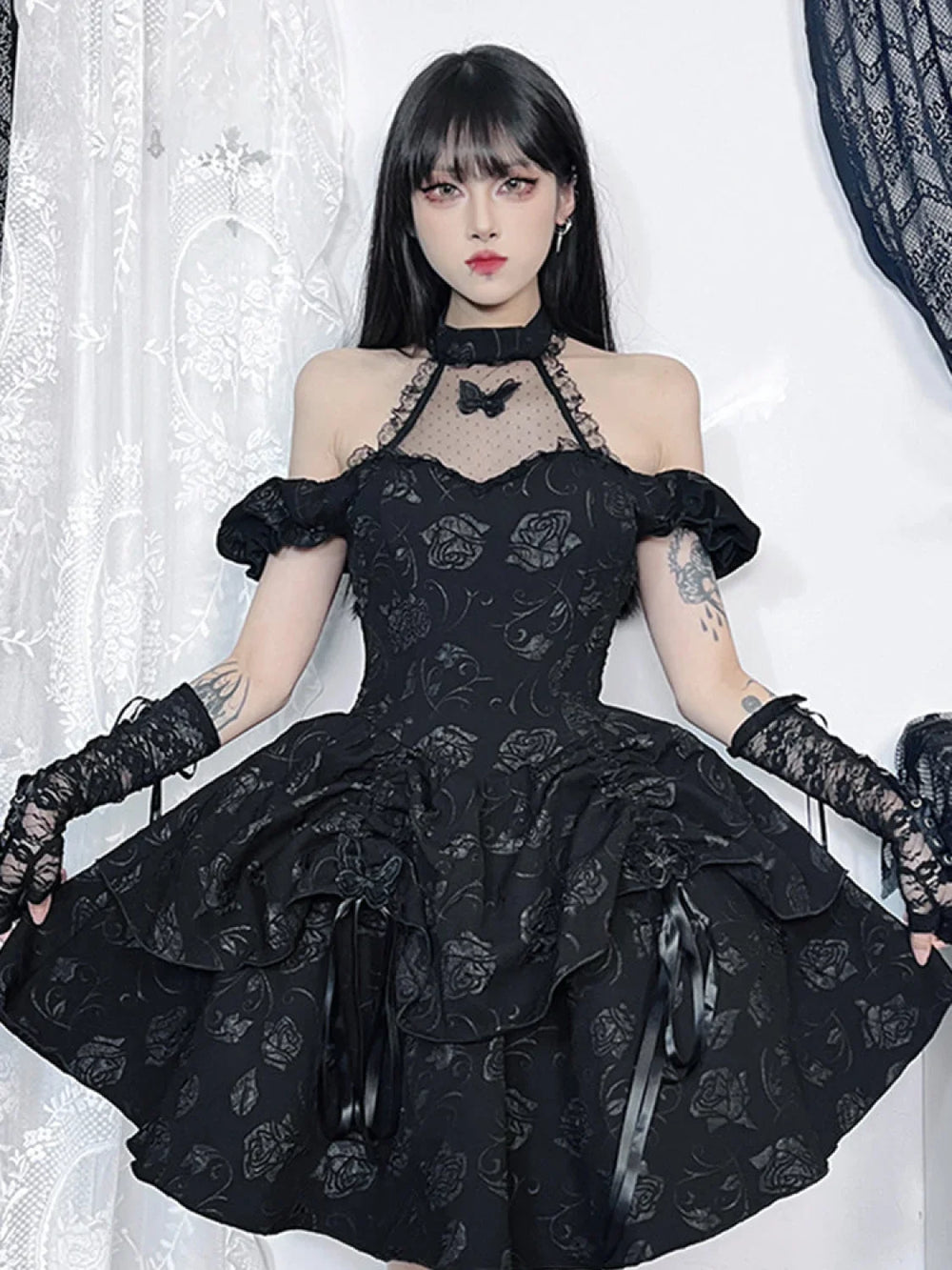 Sleeveless Neck Bow Vintage Backless Cold Shoulder Print Lace Up A Line Swing Dress