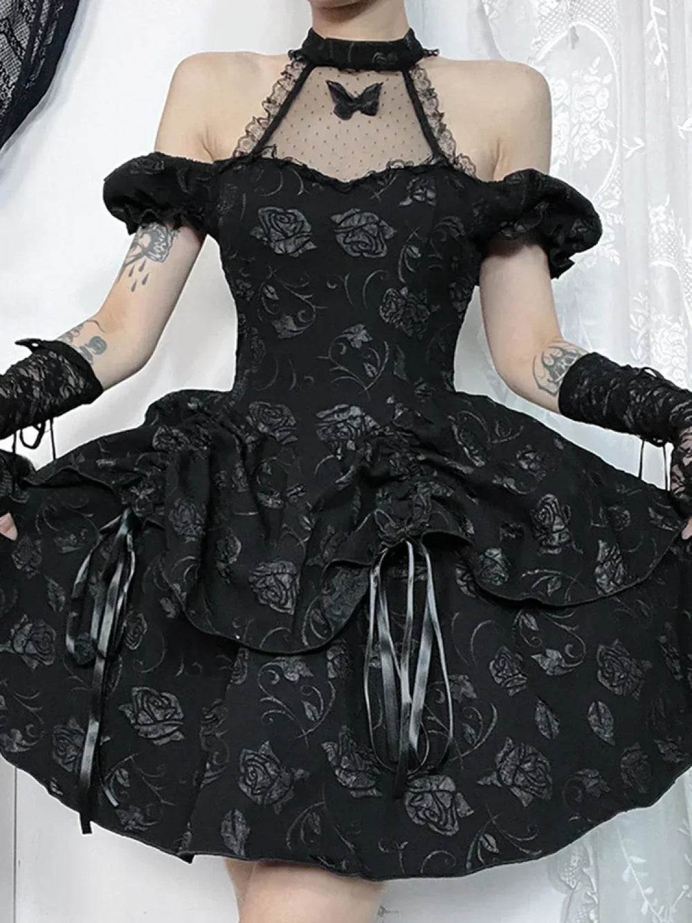 Sleeveless Neck Bow Vintage Backless Cold Shoulder Print Lace Up A Line Swing Dress