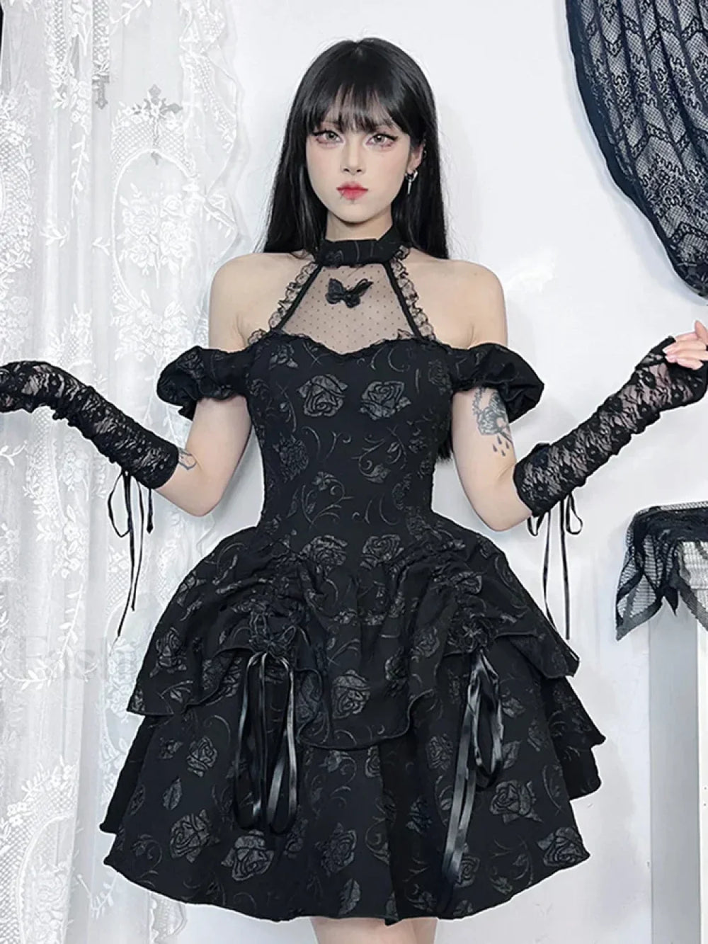 Sleeveless Neck Bow Vintage Backless Cold Shoulder Print Lace Up A Line Swing Dress Black / S