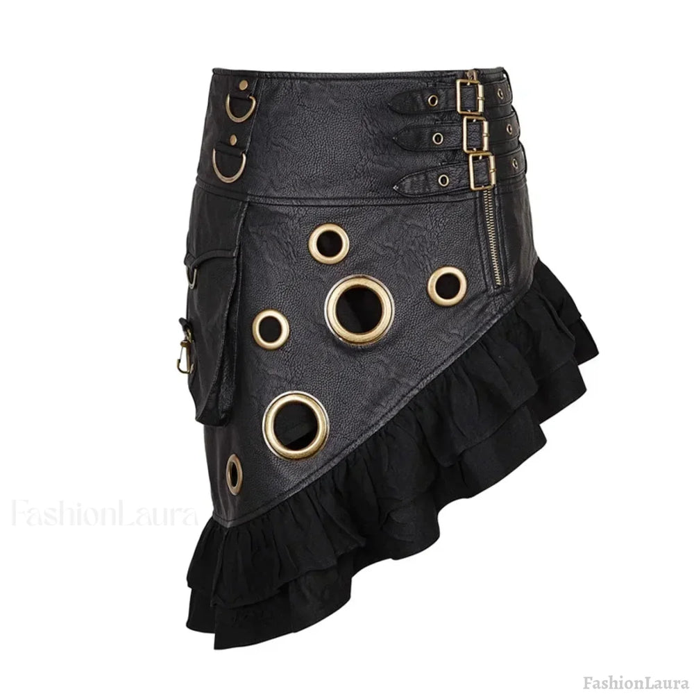 Steam Flounce Kilt Texture Coarse-grain PU Leather Symmetrical Rock Vintage Knee Length Party Skirt BLACK / S