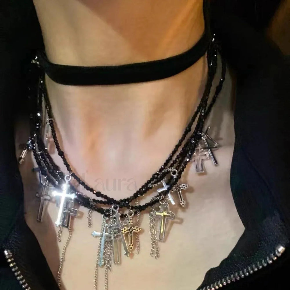 Summer Dark Cross Versatile Tassel Choker Necklace