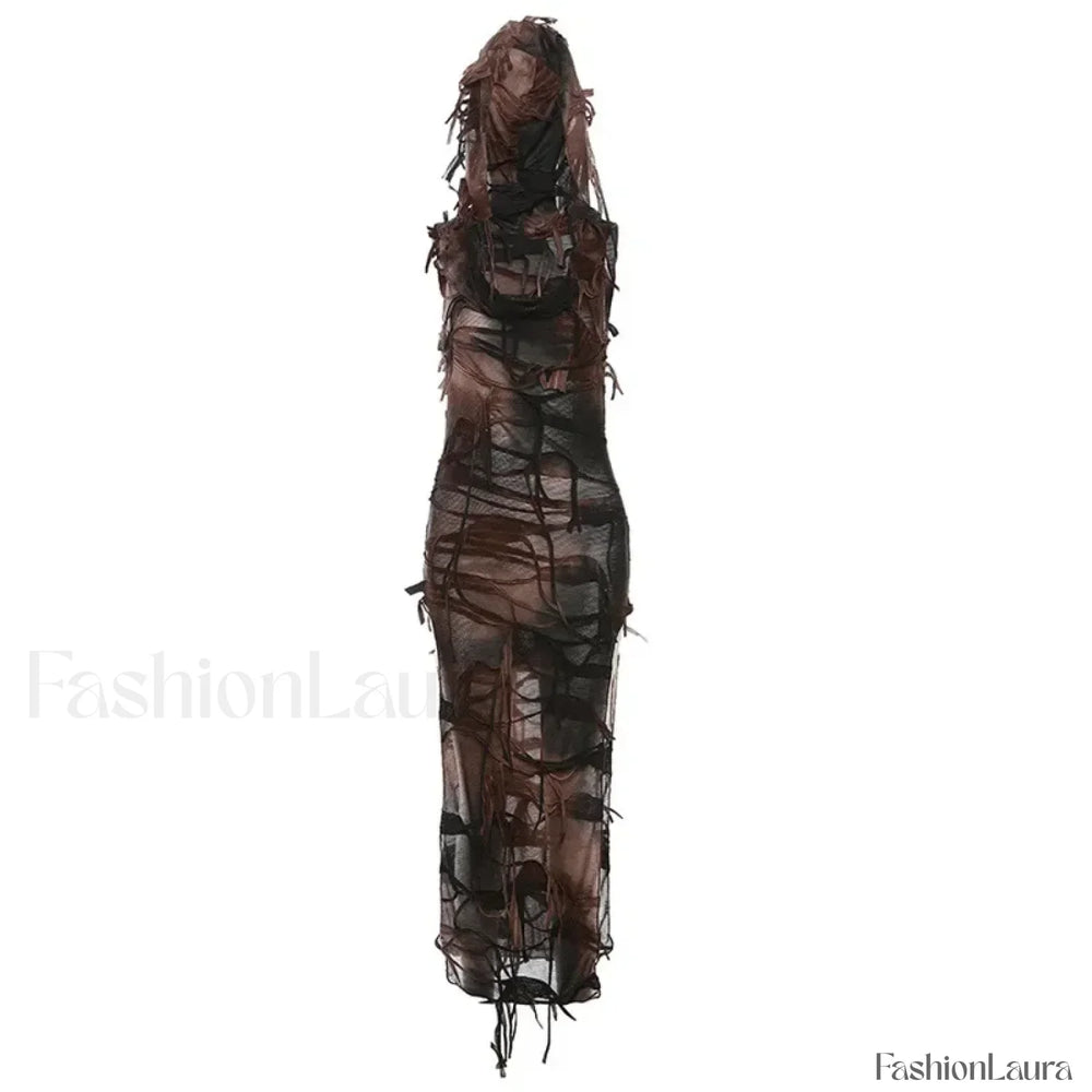 Tassel Vintage Gothic Hooded Midi Dress Grunge Y2K Sexy High Split Sleeveless Tie Dye Dress Brown / S