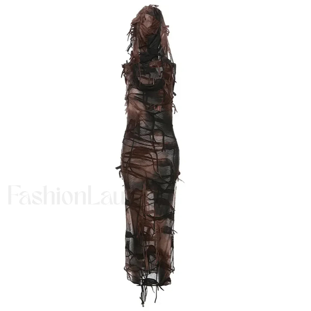 Tassel Vintage Gothic Hooded Midi Dress Grunge Y2K Sexy High Split Sleeveless Tie Dye Dress Brown / S