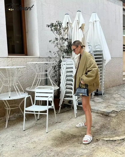 Tavimart American Vintage Coat Ins Blogger Vintage Loose Boyfriend Lovers Khaki Solid Bomber Jacket Women