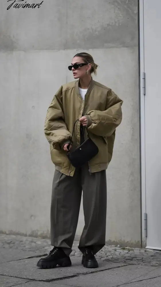 Tavimart American Vintage Coat Ins Blogger Vintage Loose Boyfriend Lovers Khaki Solid Bomber Jacket Women