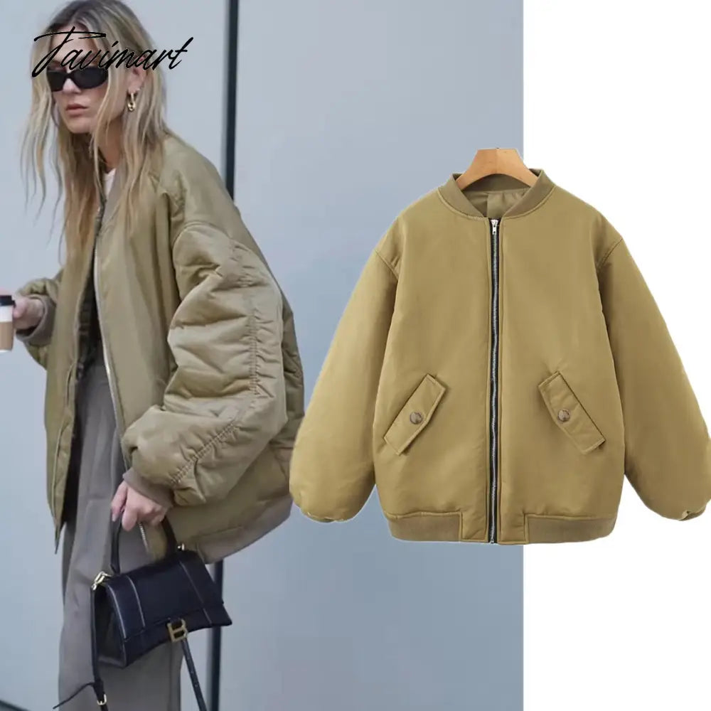 Tavimart American Vintage Coat Ins Blogger Vintage Loose Boyfriend Lovers Khaki Solid Bomber Jacket Women