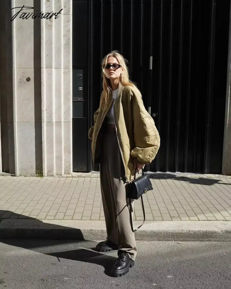 Tavimart American Vintage Coat Ins Blogger Vintage Loose Boyfriend Lovers Khaki Solid Bomber Jacket Women