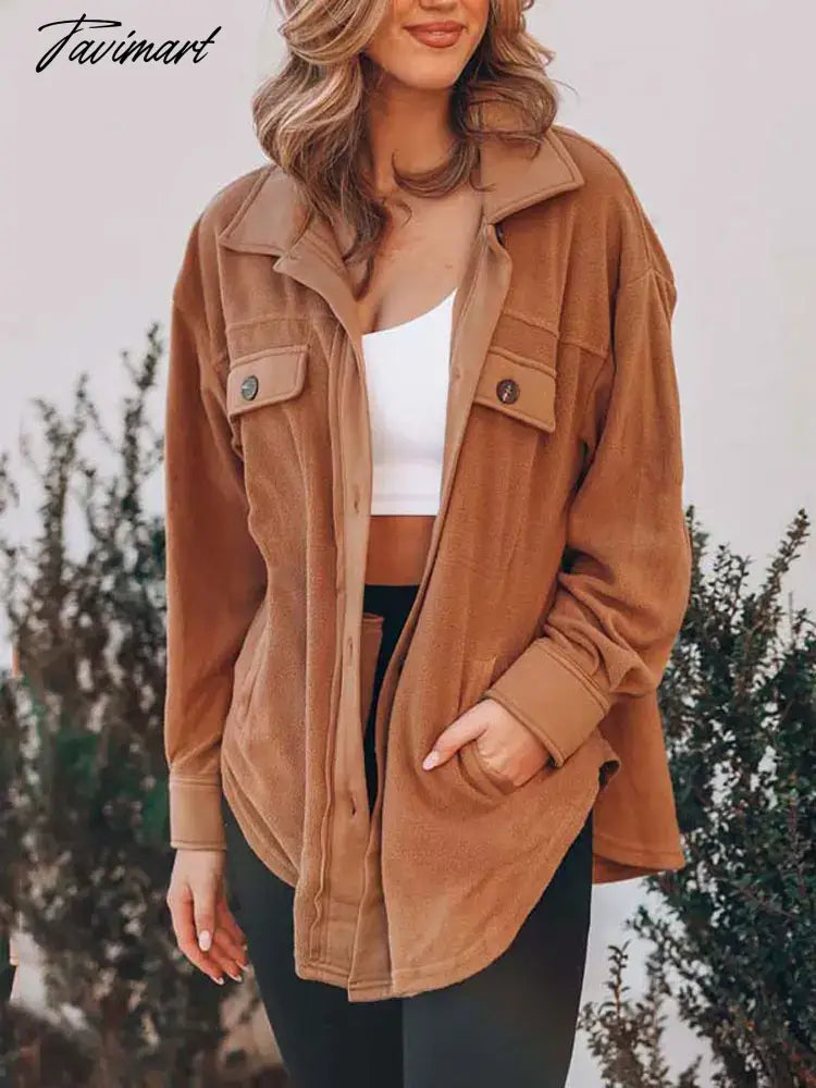 Tavimart Autumn Long Jacket Women Winter Plush Coat Shirt Jacket Female Button Fleece Coat Jackets For Women
