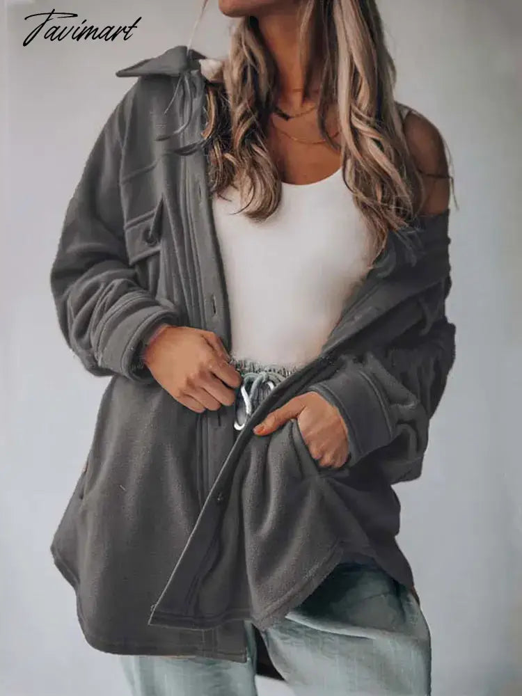 Tavimart Autumn Long Jacket Women Winter Plush Coat Shirt Jacket Female Button Fleece Coat Jackets For Women