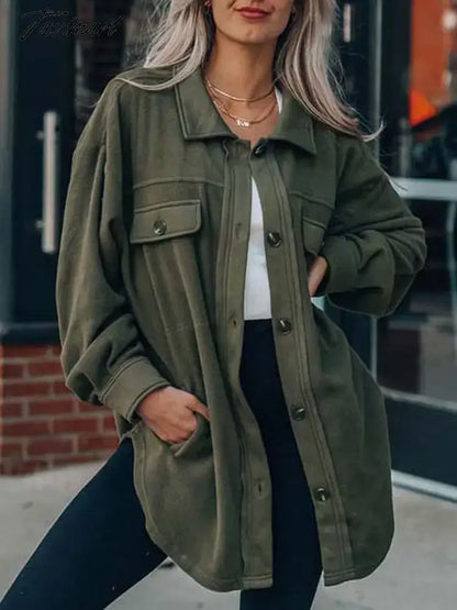 Tavimart Autumn Long Jacket Women Winter Plush Coat Shirt Jacket Female Button Fleece Coat Jackets For Women