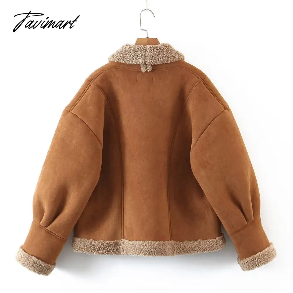 Tavimart Autumn Retro Suede Long Sleeves Warm Coats Women New Loose Solid Color Jackets Streetwear Fashion Casual Casacos Mujer