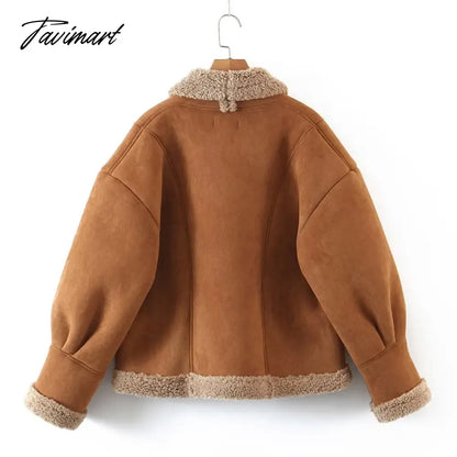 Tavimart Autumn Retro Suede Long Sleeves Warm Coats Women New Loose Solid Color Jackets Streetwear Fashion Casual Casacos Mujer