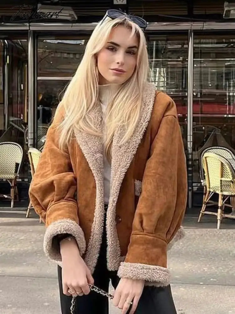 Tavimart Autumn Retro Suede Long Sleeves Warm Coats Women New Loose Solid Color Jackets Streetwear Fashion Casual Casacos Mujer