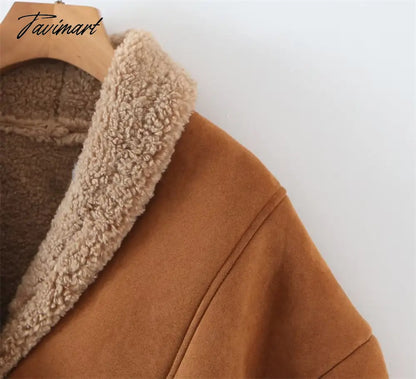 Tavimart Autumn Retro Suede Long Sleeves Warm Coats Women New Loose Solid Color Jackets Streetwear Fashion Casual Casacos Mujer