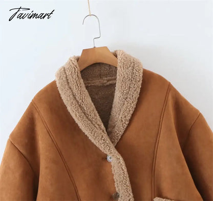Tavimart Autumn Retro Suede Long Sleeves Warm Coats Women New Loose Solid Color Jackets Streetwear Fashion Casual Casacos Mujer