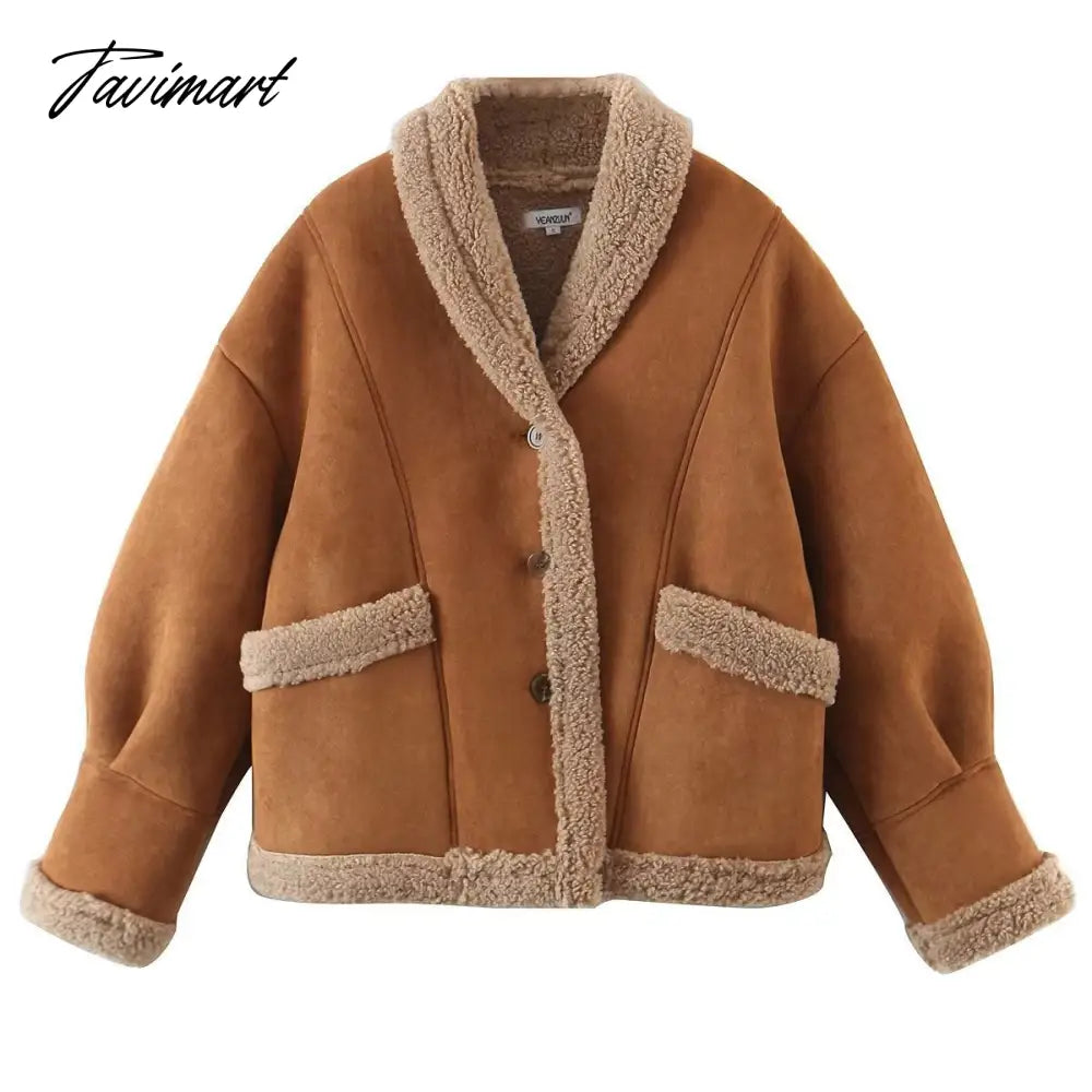 Tavimart Autumn Retro Suede Long Sleeves Warm Coats Women New Loose Solid Color Jackets Streetwear Fashion Casual Casacos Mujer