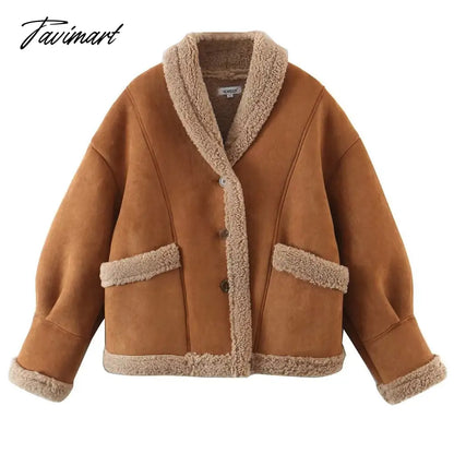 Tavimart Autumn Retro Suede Long Sleeves Warm Coats Women New Loose Solid Color Jackets Streetwear Fashion Casual Casacos Mujer