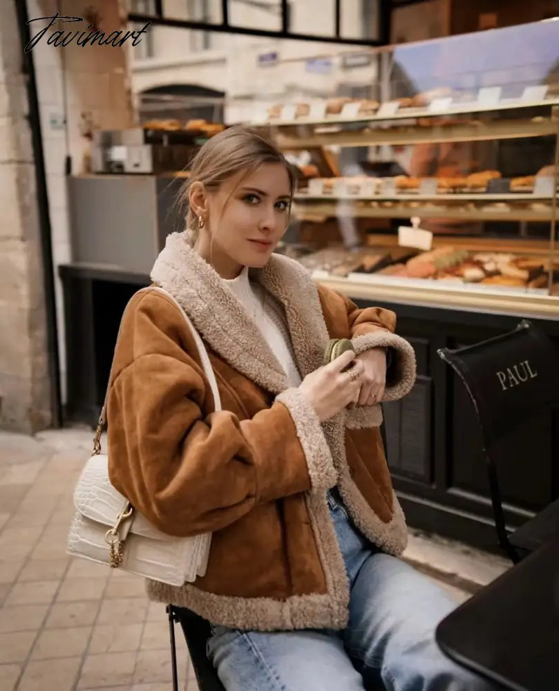 Tavimart Autumn Retro Suede Long Sleeves Warm Coats Women New Loose Solid Color Jackets Streetwear Fashion Casual Casacos Mujer