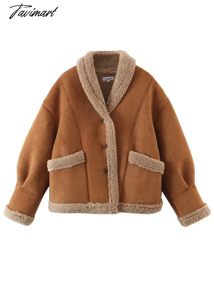Tavimart Autumn Retro Suede Long Sleeves Warm Coats Women New Loose Solid Color Jackets Streetwear