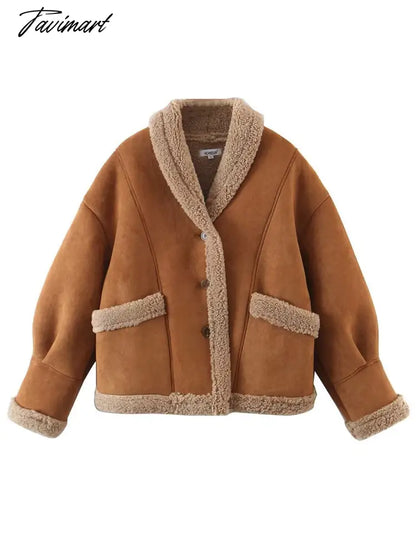 Tavimart Autumn Retro Suede Long Sleeves Warm Coats Women New Loose Solid Color Jackets Streetwear