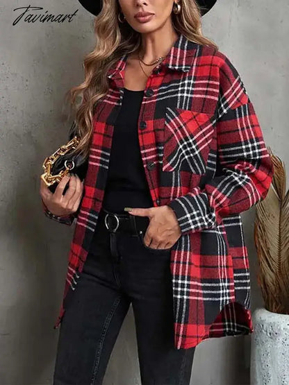 Tavimart Autumn Winter Plaid Jacket Women Button Shirt Jacket Coat Ladies Overshirt Loose Coat Checkered Jackets For Women