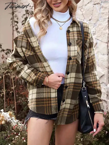 Tavimart Autumn Winter Plaid Jacket Women Button Shirt Jacket Coat Ladies Overshirt Loose Coat Checkered Jackets For Women