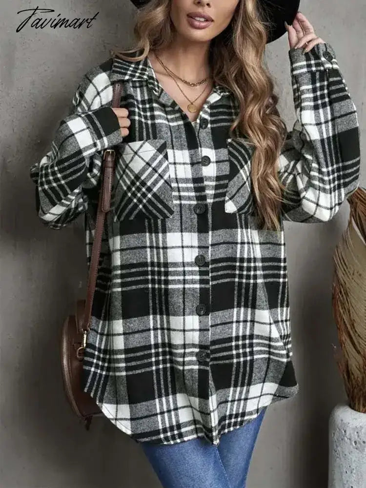 Tavimart Autumn Winter Plaid Jacket Women Button Shirt Jacket Coat Ladies Overshirt Loose Coat Checkered Jackets For Women