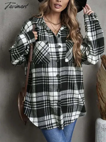 Tavimart Autumn Winter Plaid Jacket Women Button Shirt Jacket Coat Ladies Overshirt Loose Coat Checkered Jackets For Women