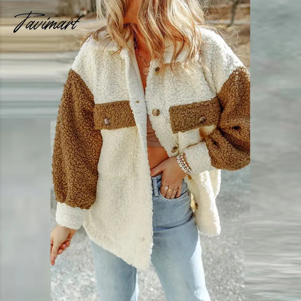 Tavimart Casual Autumn Winter Women Plush Jackets Coat Elegant Long Sleeve Button Fashion Outwear Turn Down Collar Loose Coats